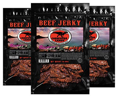 Carnivore Candy Beef Jerky Three Pack (Three 3oz Bags) (Sweet and Spicy)