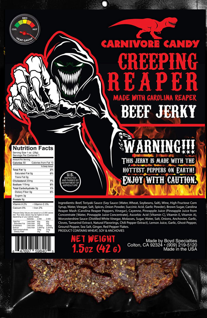 Creeping Ghost” Carolina Reaper Beef Jerky 1.5 oz Bag The Reaper is the HOTTEST Pepper in the world! Sweet with Heat~ (1.5 ounce single pack)