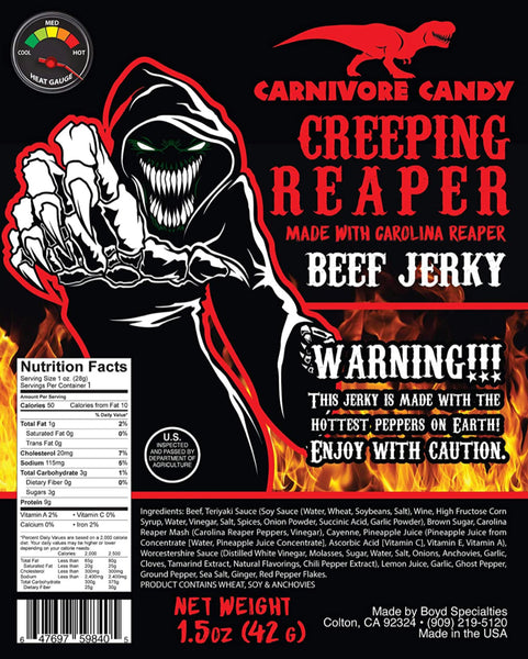 Creeping Ghost” Carolina Reaper Beef Jerky 1.5 oz Bag The Reaper is the HOTTEST Pepper in the world! Sweet with Heat~ (1.5 ounce single pack)
