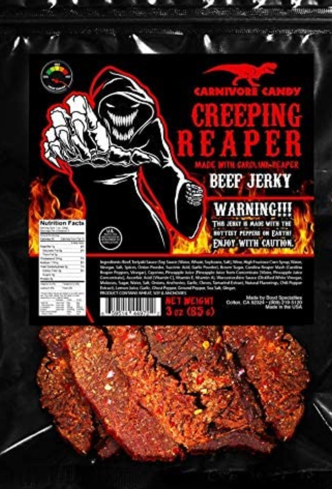 JURASSIC JERKY’S “CREEPING REAPER” Carolina Reaper Beef Jerky (1)-3oz Bag The Reaper is the HOTTEST Pepper in the world! Sweet with Heat~