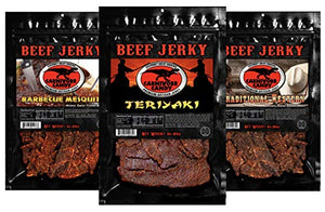 JURASSIC JERKY’S Carnivore Candy Beef Jerky, 3 Flavors Variety Pack, Teriyaki, Barbecue Mesquite and Traditional Western, 3x3oz Bags of Food on the Go, Full of Protein Lunch Snack Sticks.