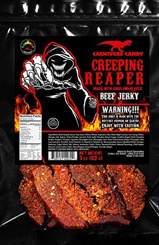 INFERNO X and Creeping Reaper Jerky - Jurassic Jerky Carnivore Candy Peppered Beef Jerky HOTTEST PEPPERS in the WORLD!! Sweet with Heat! High protein, no preservatives, low carb, low fat (3oz 2pk)