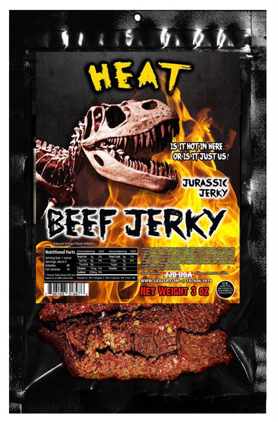 JURASSIC JERKY’S Mixed HOT 3 pk HEAT Variety pk. Hot beef jerky. 3 oz Bags 1. “Inferno X” Super Hot! 2. Volcanic Jalapeño Medium Heat 3. “HEAT” Medium Heat