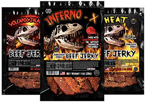 JURASSIC JERKY’S Mixed HOT 3 pk HEAT Variety pk. Hot beef jerky. 3 oz Bags 1. “Inferno X” Super Hot! 2. Volcanic Jalapeño Medium Heat 3. “HEAT” Medium Heat