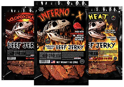 JURASSIC JERKY’S Mixed HOT 3 pk HEAT Variety pk. Hot beef jerky. 3 oz Bags 1. “Inferno X” Super Hot! 2. Volcanic Jalapeño Medium Heat 3. “HEAT” Medium Heat