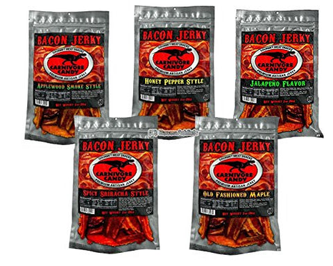 A Carnivore Candy Bacon Jerky 5 Flavor Sampler Pack (5 x 2oz Bags): Sriracha, Maple, Applewood Smoke, Honey Pepper & Jalapeño