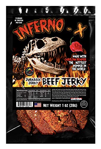 INSANITY and INFERNO X Beef Jerky – With Jurassic jerky’s special Blend of Carolina Reaper, Ghost pepper and Habanero. low sodium Spicy beef jerky snack pack (2 packs –1 oz)