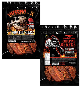 INFERNO X and Creeping Reaper Jerky - Jurassic Jerky Carnivore Candy Peppered Beef Jerky HOTTEST PEPPERS in the WORLD!! Sweet with Heat! High protein, no preservatives, low carb, low fat (3oz 2pk)