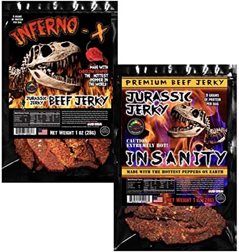 INSANITY and INFERNO X Beef Jerky – With Jurassic jerky’s special Blend of Carolina Reaper, Ghost pepper and Habanero. low sodium Spicy beef jerky snack pack (2 packs –1 oz)