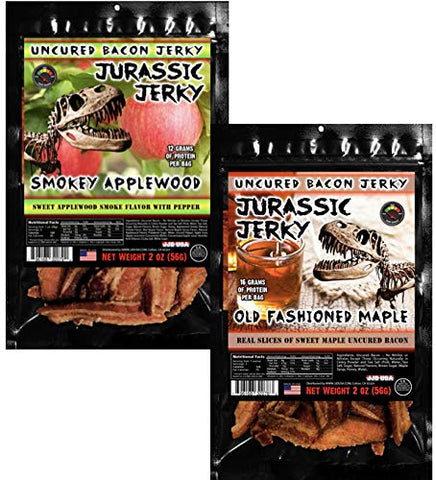 Jurassic Jerky’s Sweet Bacon pack – Delicious Smoky Applewood and Old-Fashioned Maple Bacon Jerky, high protein, MSG-free, low sodium, no preservatives (2 OZ - 2 bags)