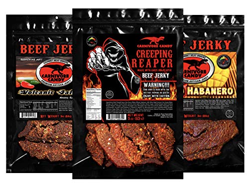 HEAT Variety 3 pk “Creeping Ghost” Carolina Reaper - Volcanic Jalapeño & Mango Habanero Beef Jerky Three -3oz Bags